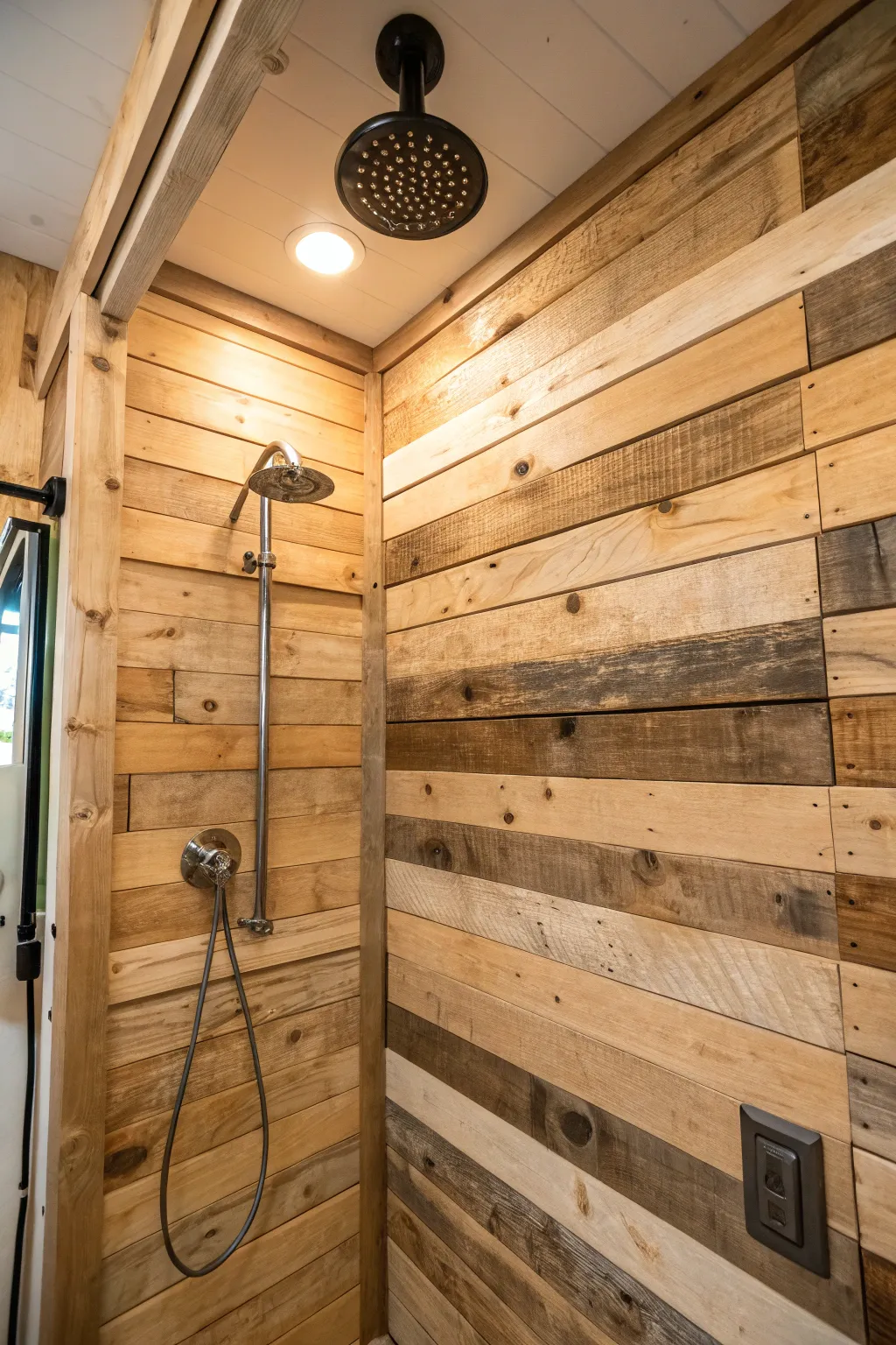 Elevate your enclosed trailer bathroom with rustic charm: Craft your own shower walls using reclaimed wood panels.