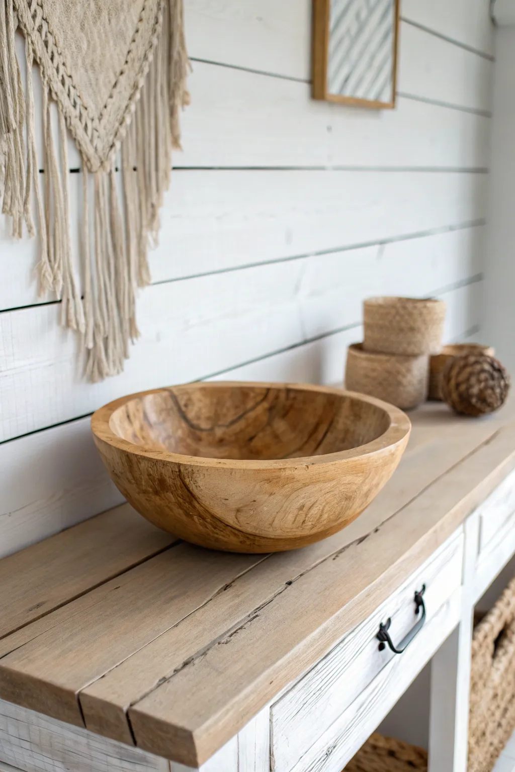 Elevate your entryway with the cozy charm of a rustic wooden bowl.