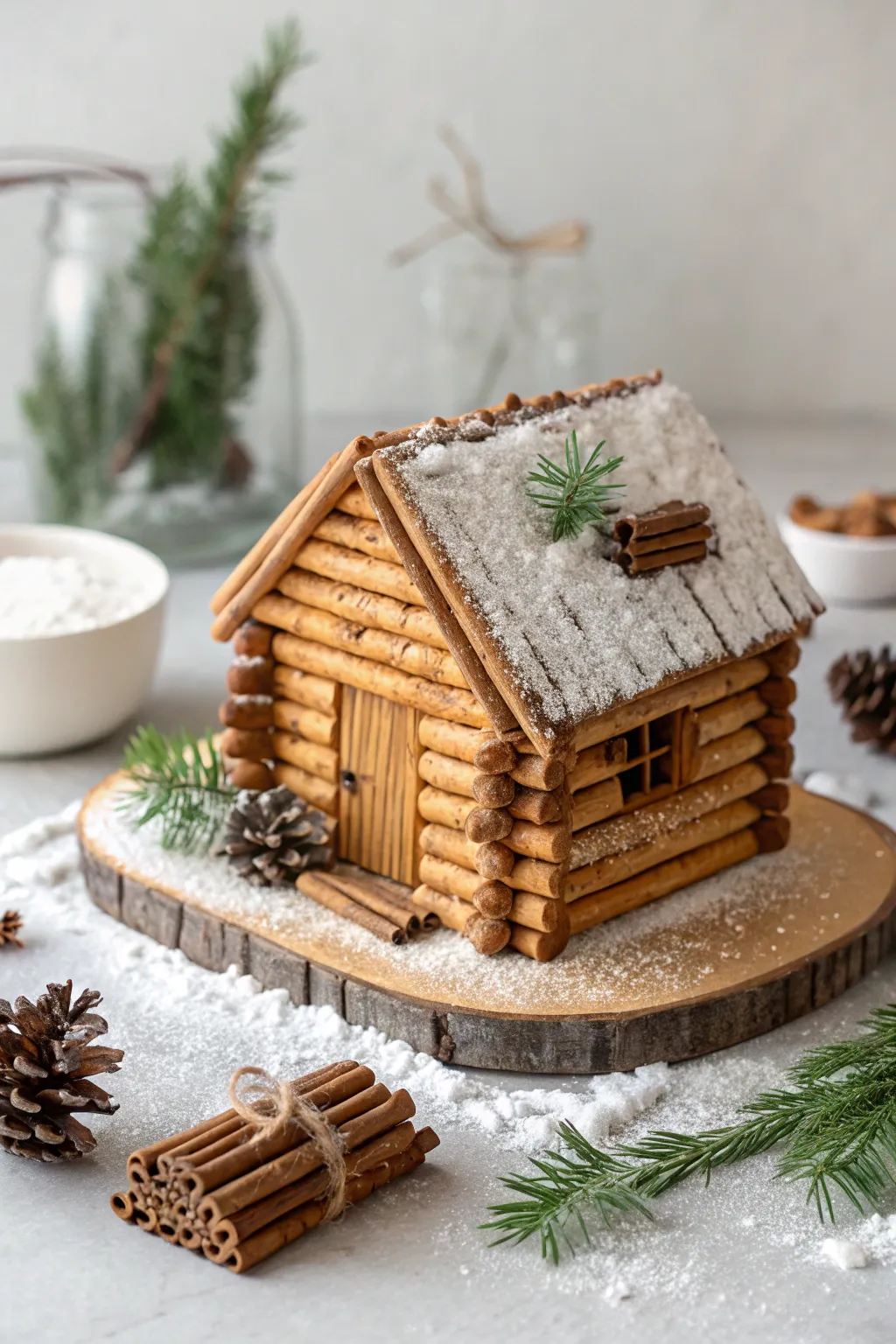 Embrace the cozy charm of a rustic gingerbread log cabin—where simplicity meets delicious craftsmanship.