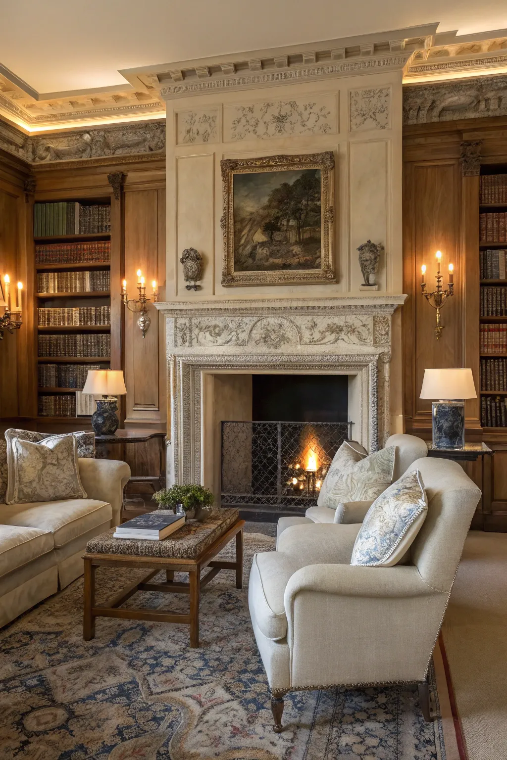 An ornate mantel transforming the fireplace into a masterpiece.