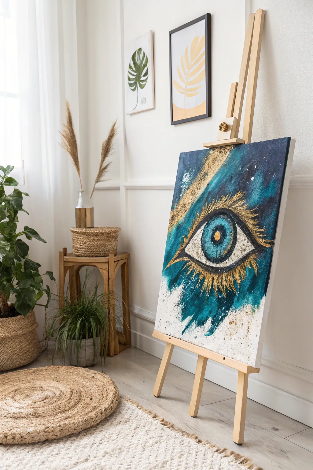 Elevate your space with an abstract evil eye masterpiece, where bold strokes meet serene simplicity.