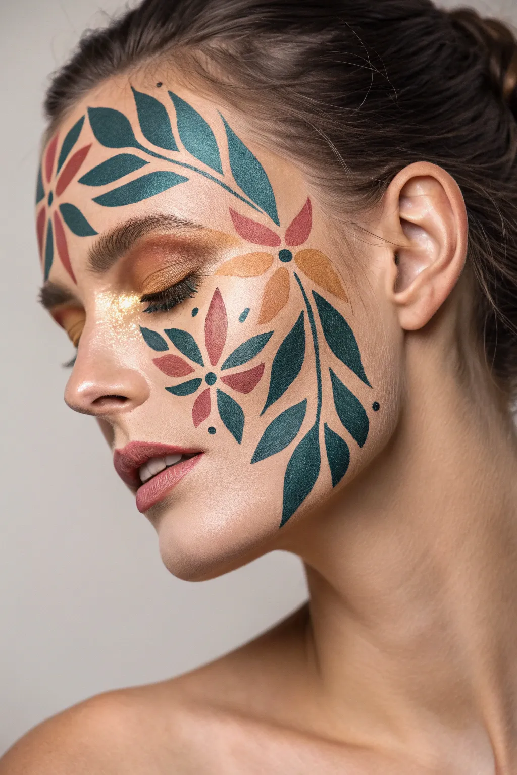 Embrace your inner artist with abstract floral face paint that captivates with its bold simplicity and unique charm.