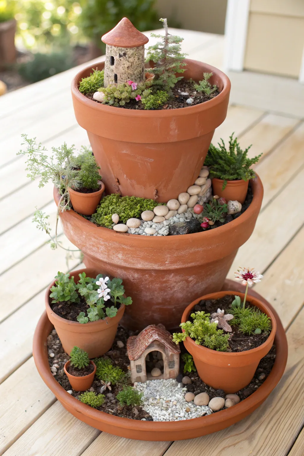 Create magic in layers with a tiered fairy garden in pots—simple, enchanting, and perfectly whimsical!