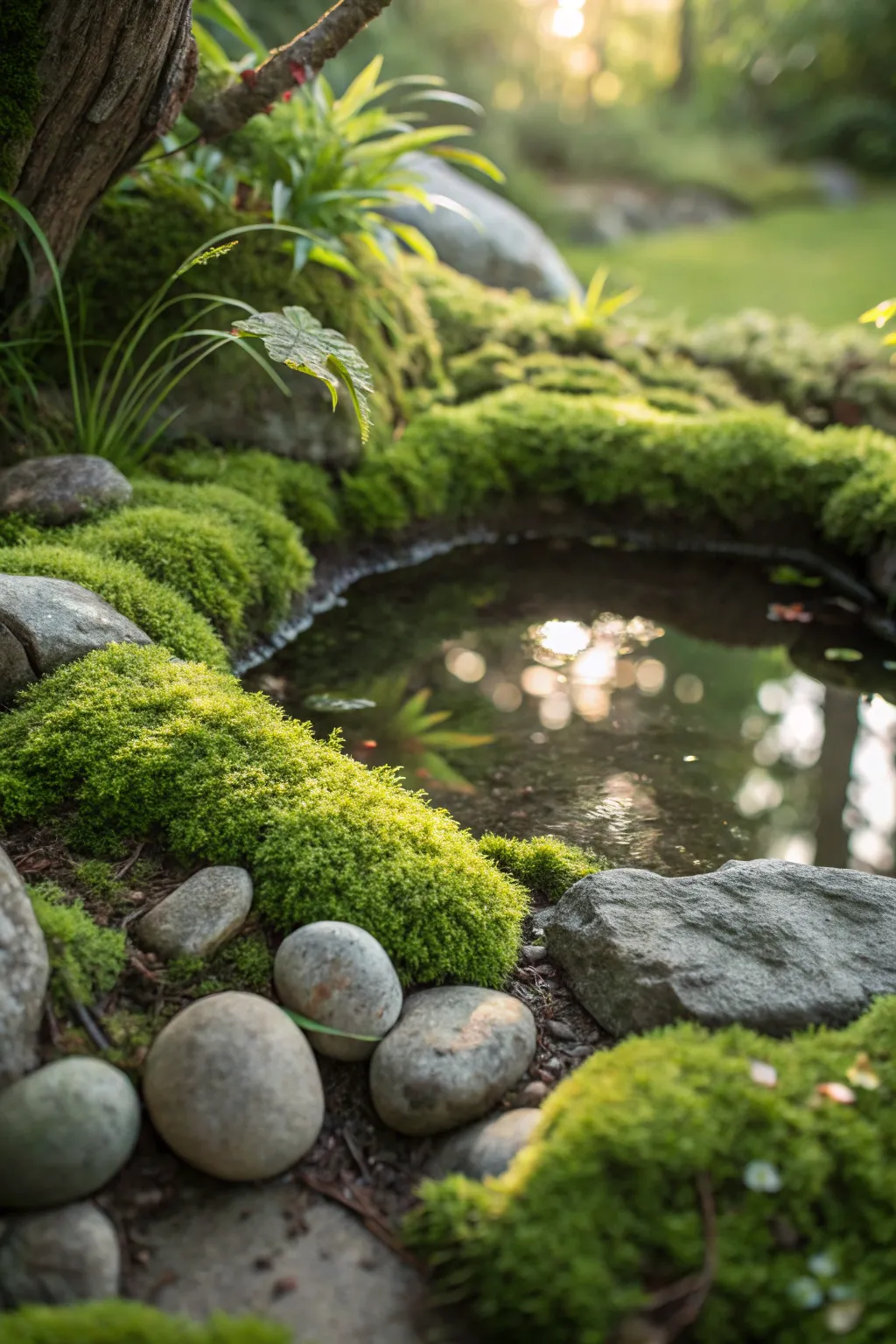 Embrace the enchanting allure of nature with a mossy touch around your fairy garden pond.