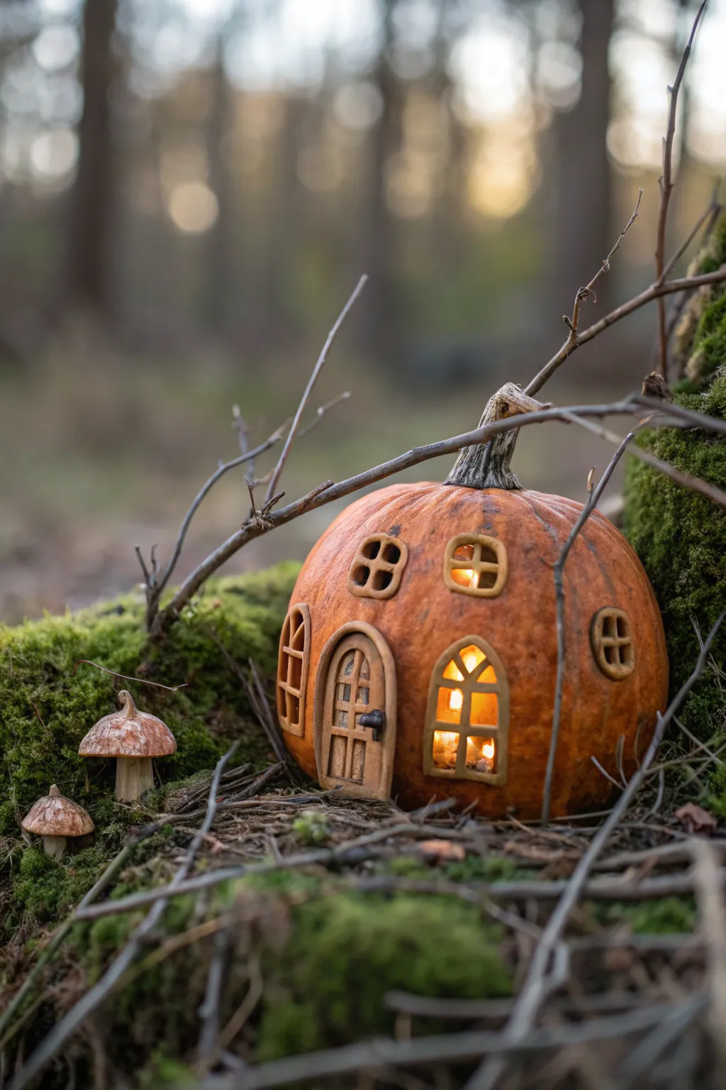 Discover the magic of nature with this enchanting fairy house pumpkin, adorned with woodland treasures.