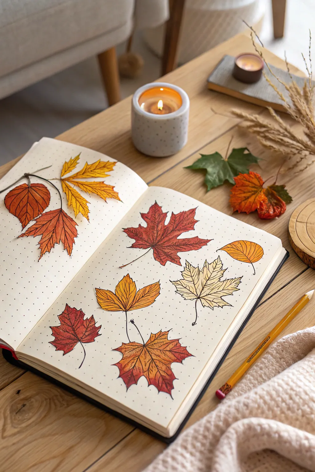 Capture the essence of fall with vibrant leaf sketches in your bullet journal! 🍁✨