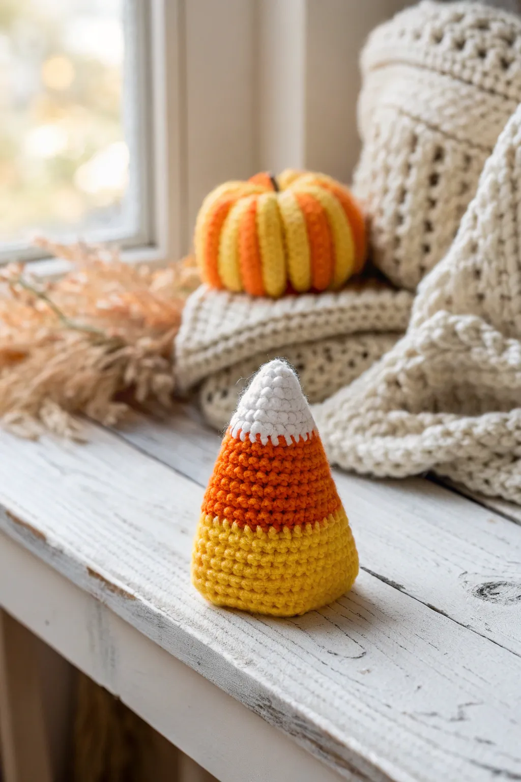 Add a sweet twist to your fall decor with this charming crochet candy corn.