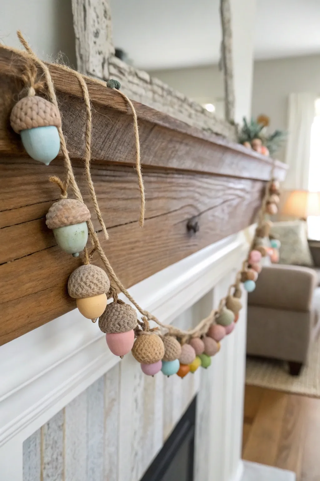 Embrace the beauty of fall with a delicate acorn garland, a perfect blend of natural elegance and minimalist charm.