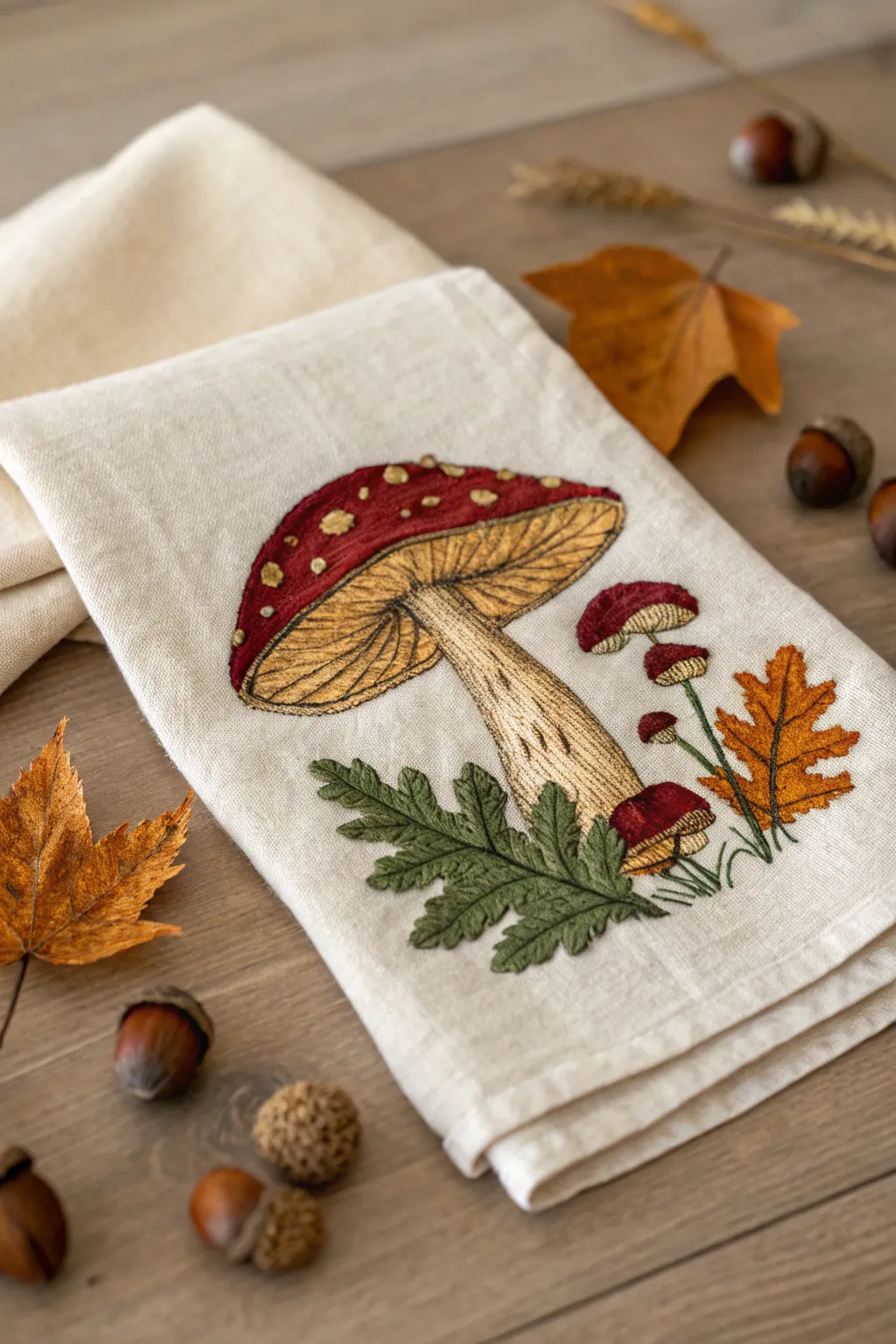 Capture the essence of fall with this charming woodland mushroom embroidery, perfect for adding a whimsical touch to your kitchen decor.