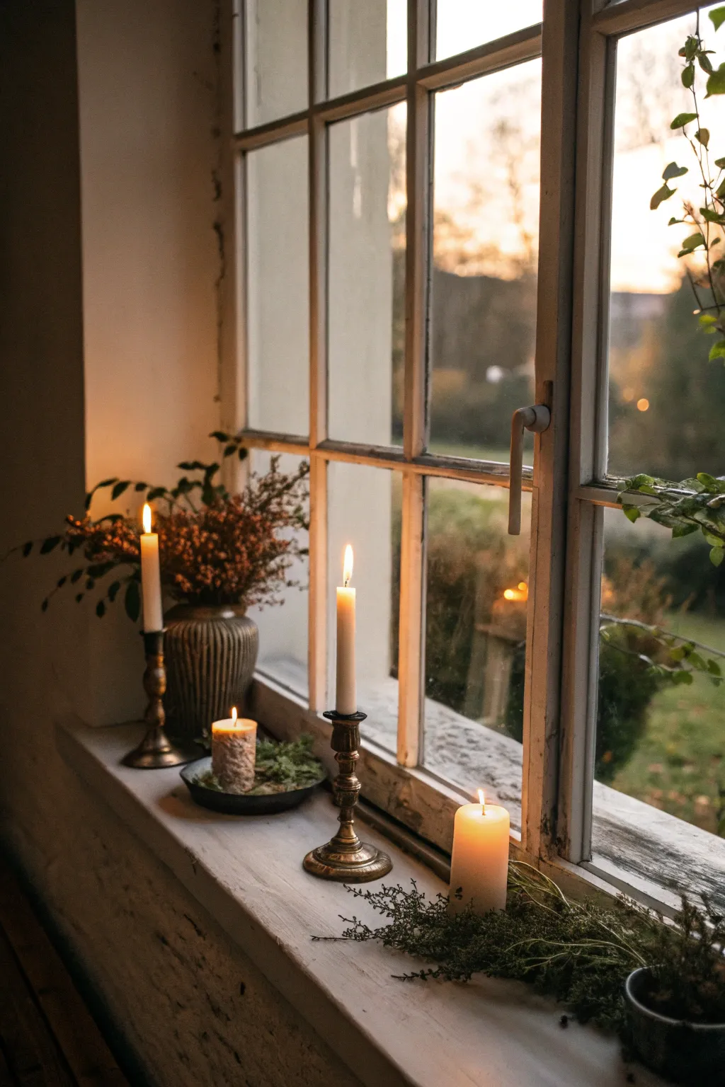 Candles casting a warm glow on a windowsill.