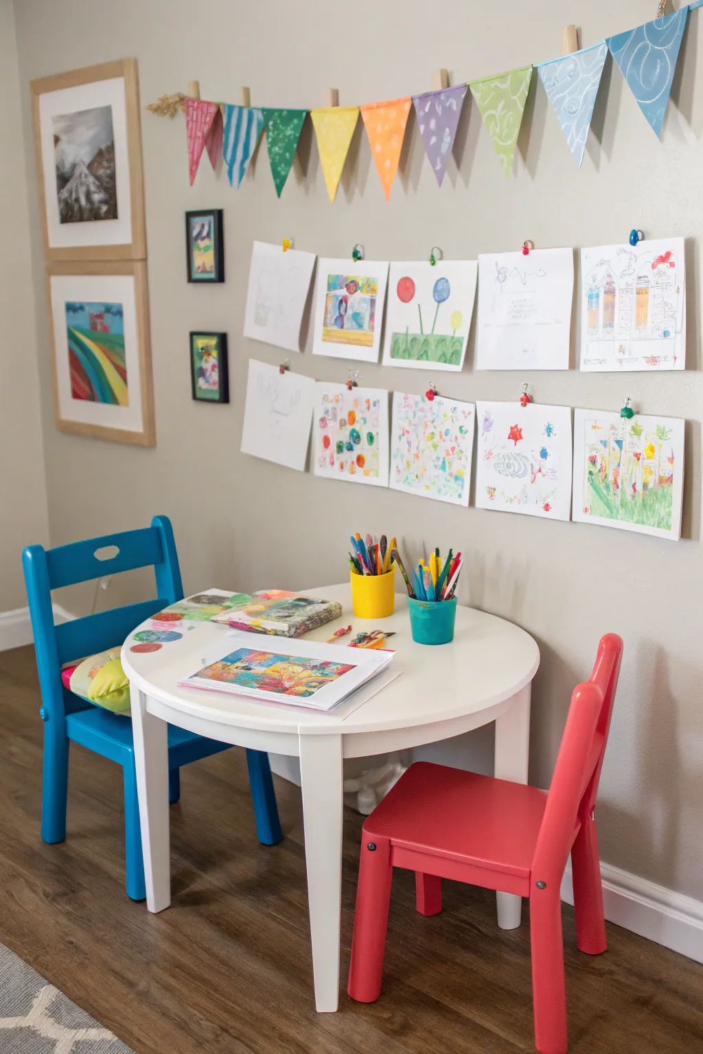 An art station in the playroom with a table, chairs, and wall-mounted displays.