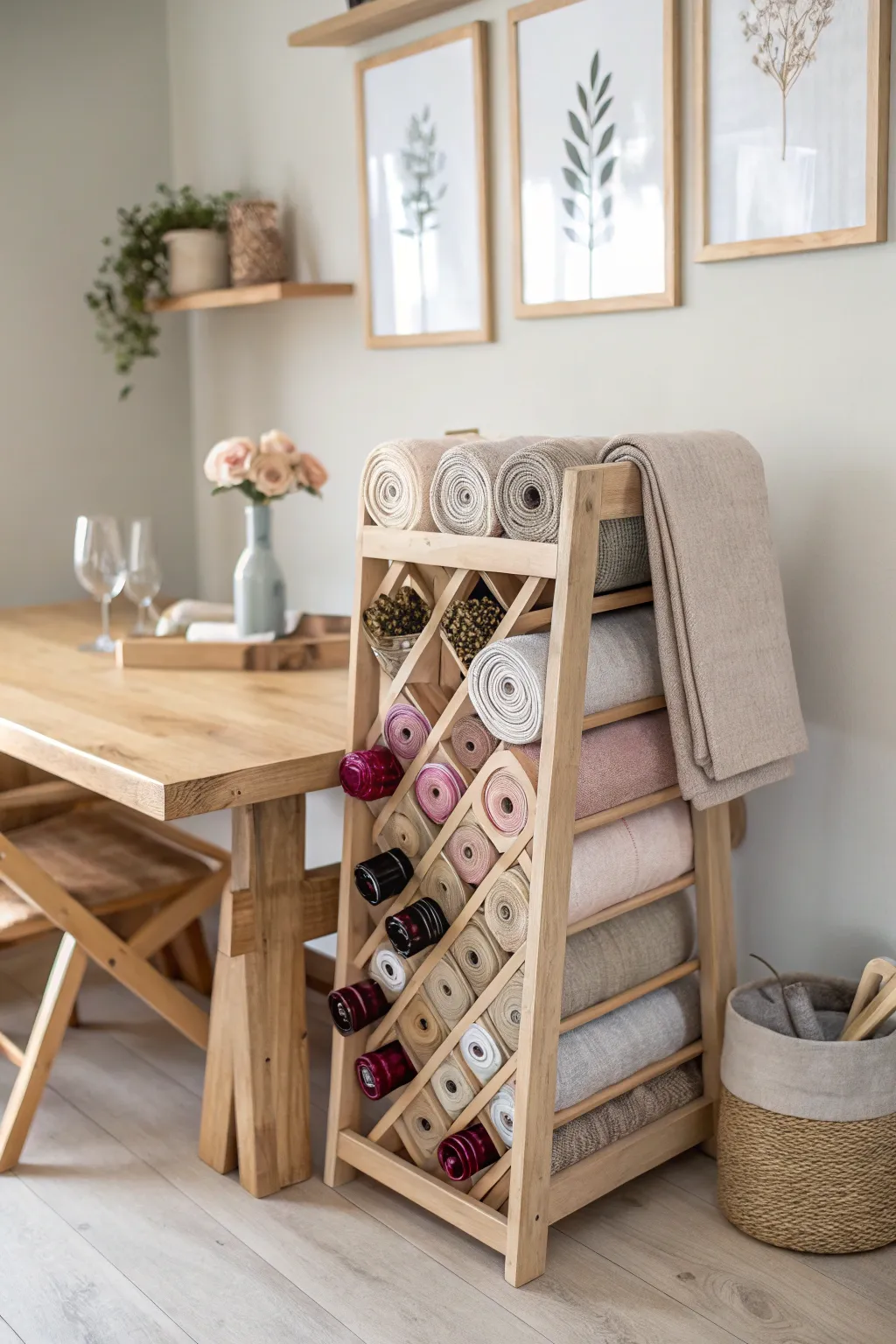 Transform your craft space with a touch of whimsy using a repurposed wine rack for fabric storage.