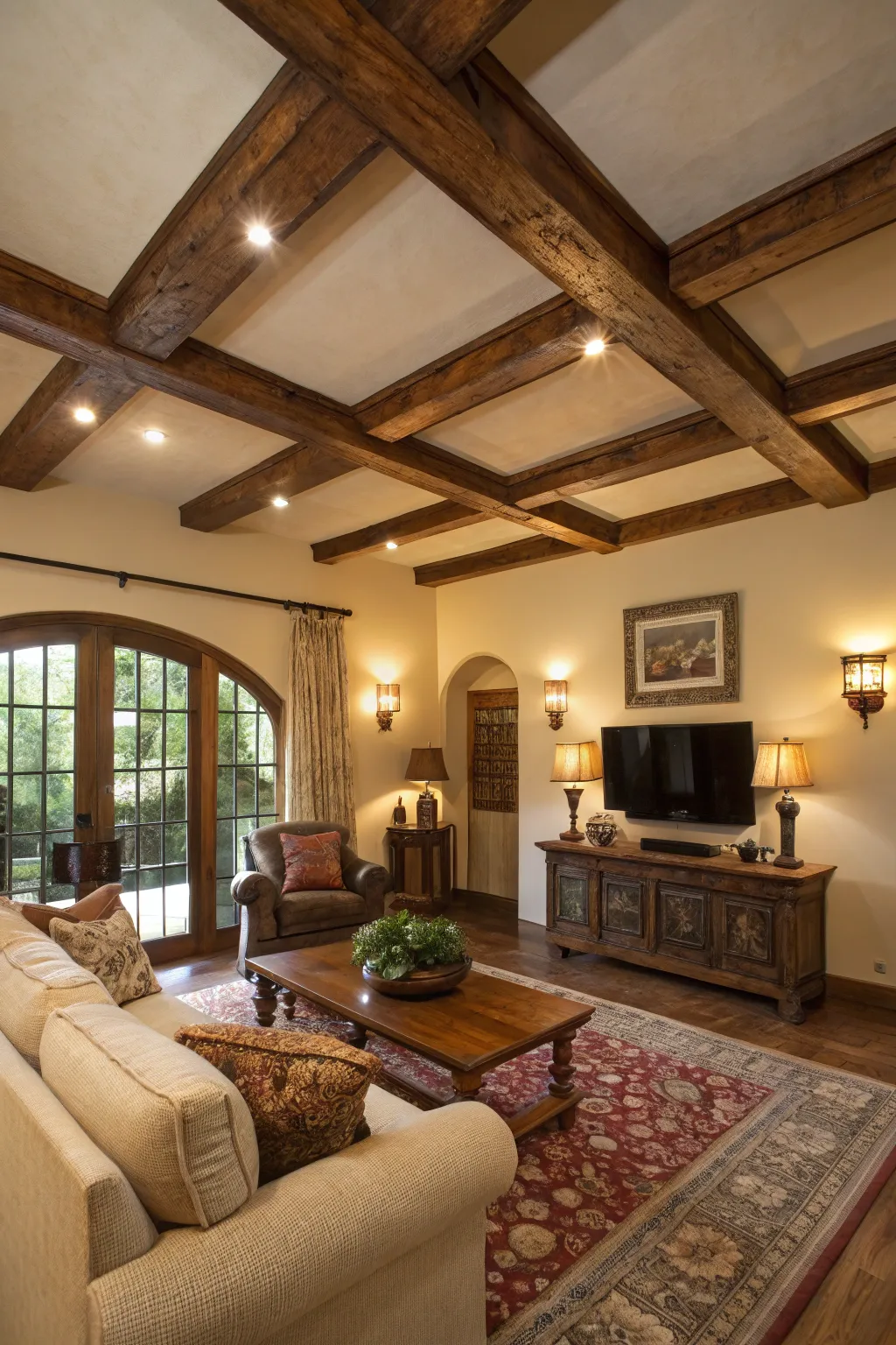 Faux wood beams add rustic charm to any faux tray ceiling.