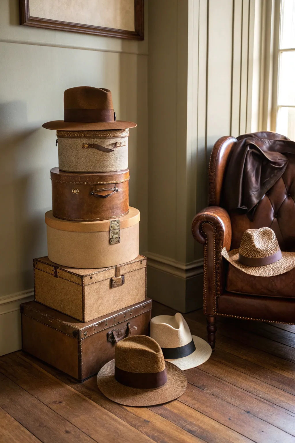 Elevate your space with a stylish stack of fedora hat boxes, where functionality meets elegance.