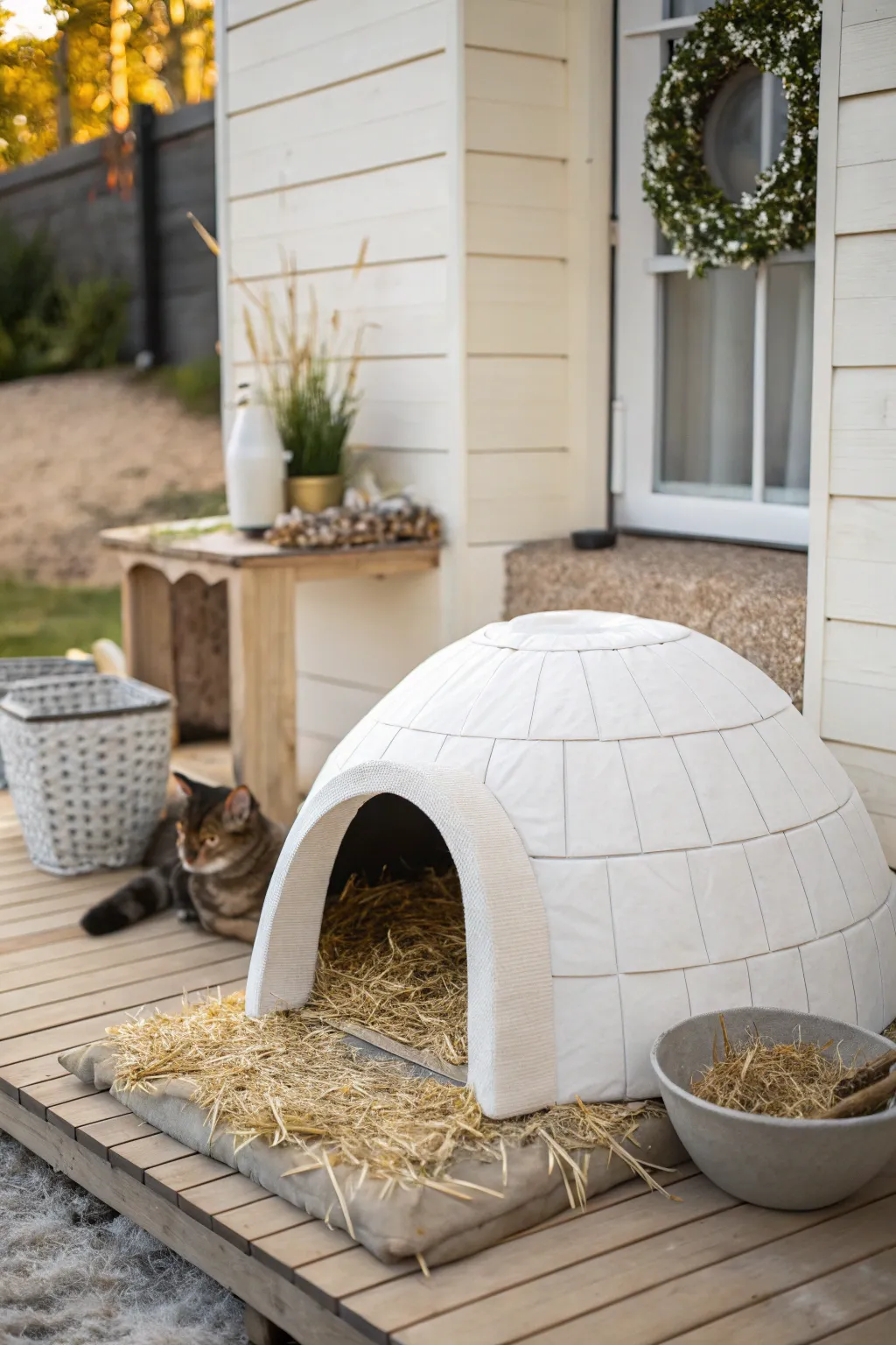 Warmth Meets Simplicity: A cozy haven for feral cats, blending minimalist design with boho elegance.