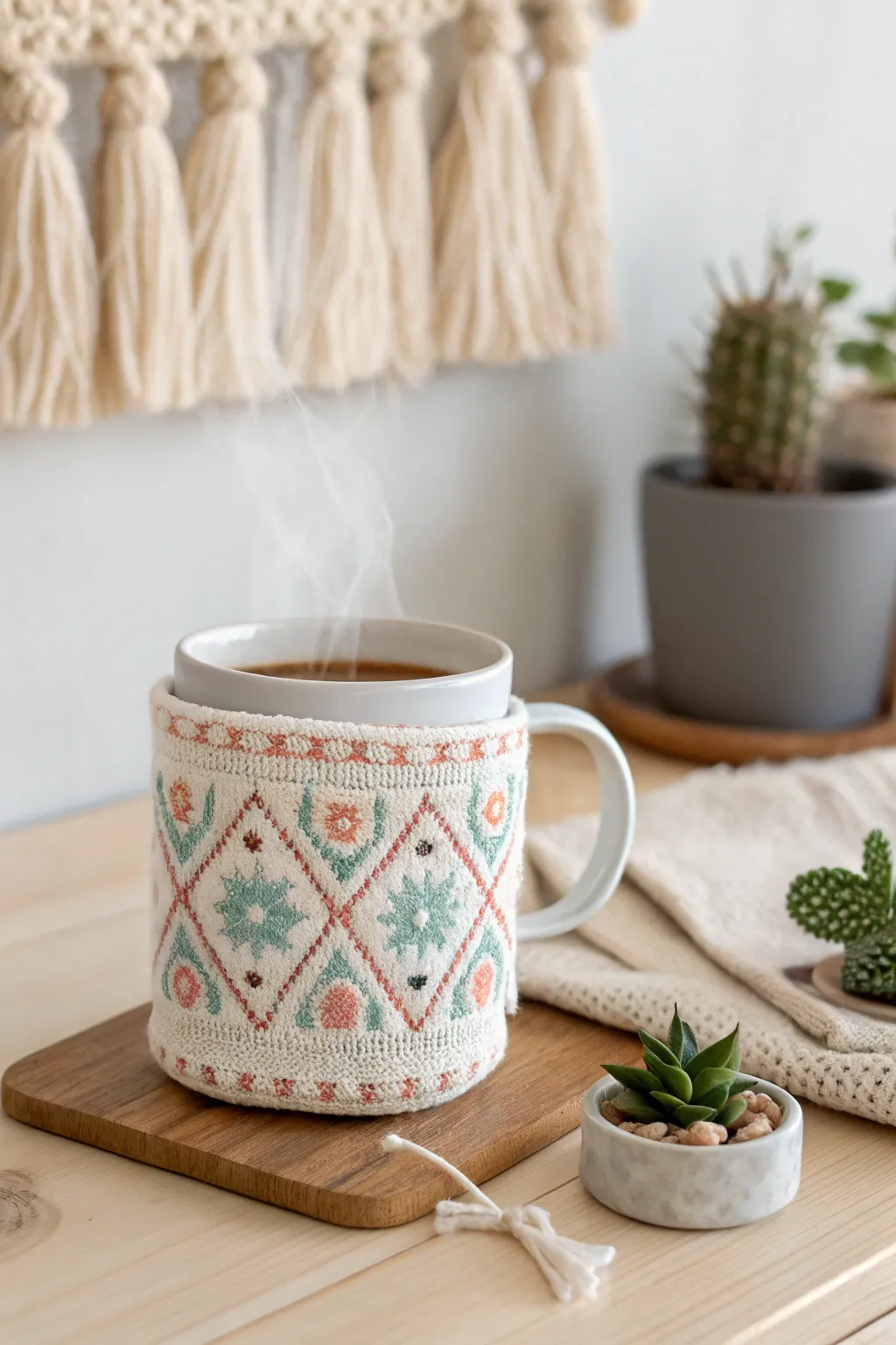 Wrap your mug in cozy elegance with a handcrafted cross stitch cozy, perfect for adding warmth to your coffee ritual.