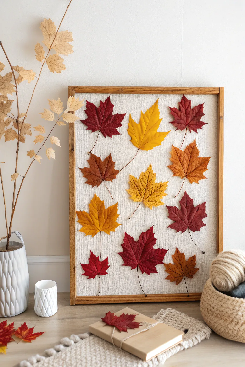 Embrace the serene beauty of autumn with a minimalist flannel board adorned with handcrafted fall leaves. 🍂✨ #ScandiBoho #FallDecor