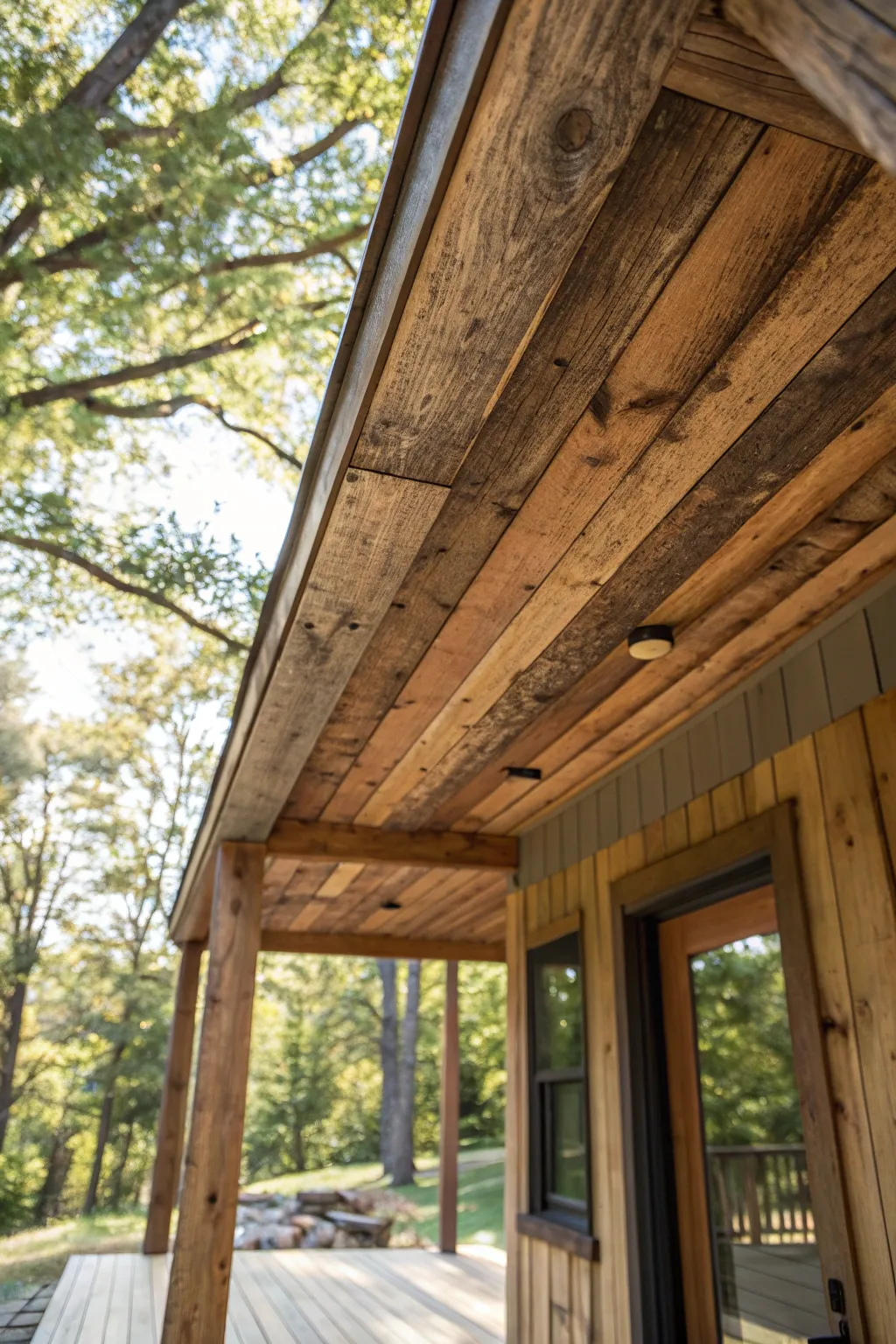 Experience the timeless charm of a rustic porch roof, where craftsmanship meets nature.