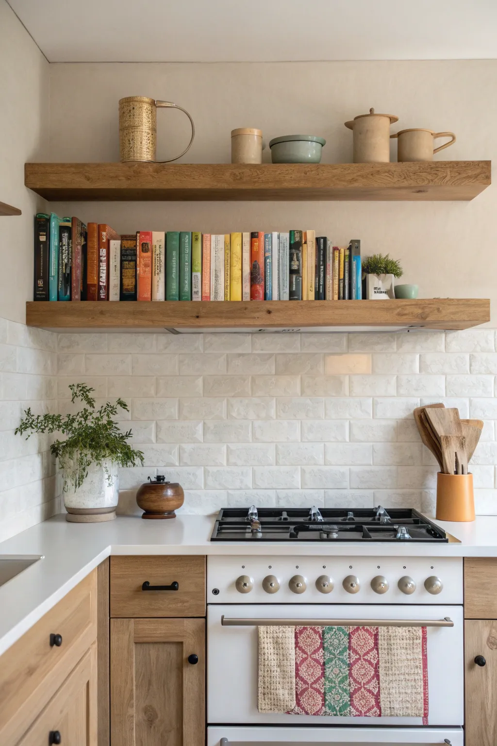 Elevate your kitchen decor with minimalist floating shelves that keep your favorite cookbooks stylishly within reach.