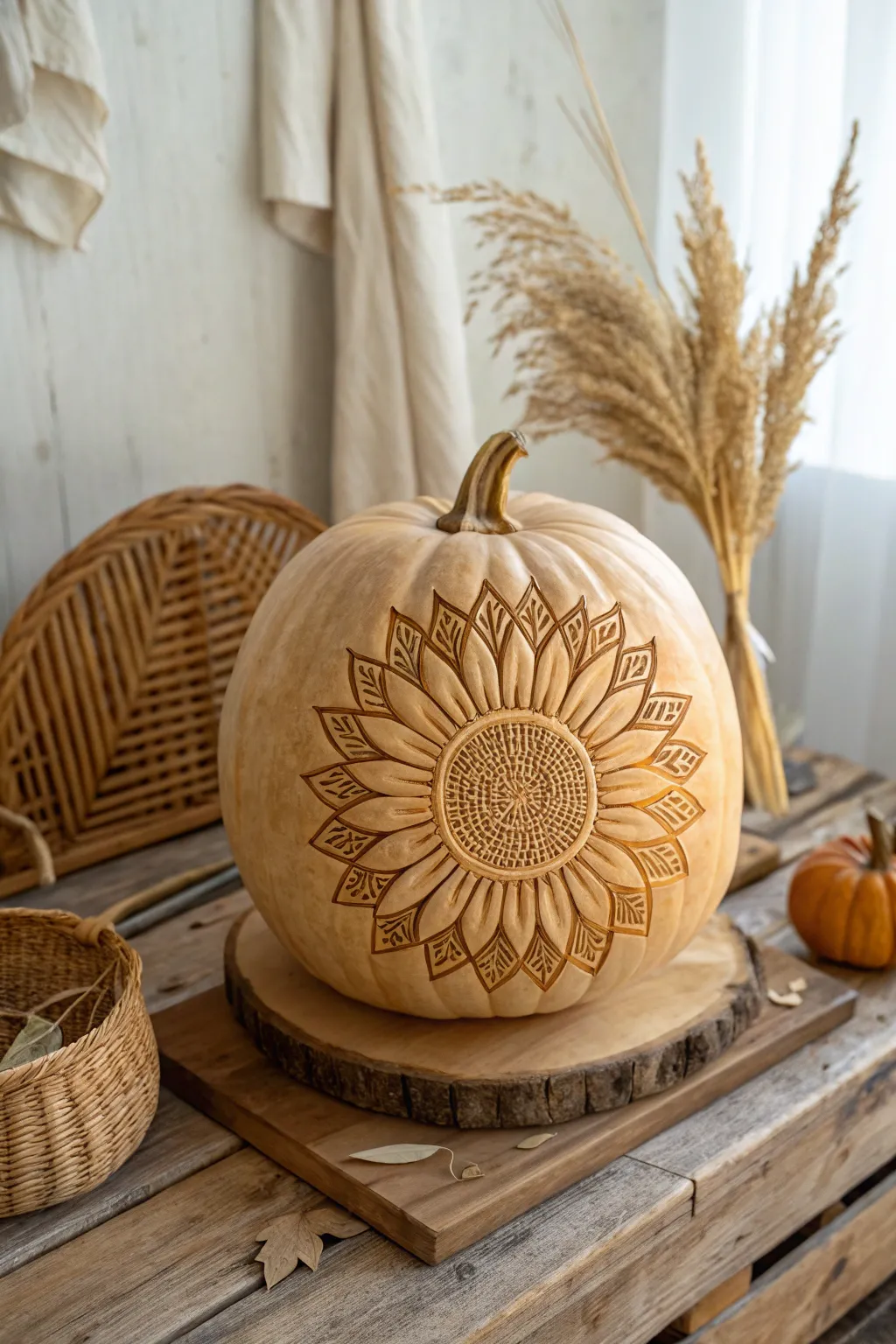 Illuminate your autumn decor with a stunning sunflower-carved pumpkin centerpiece.