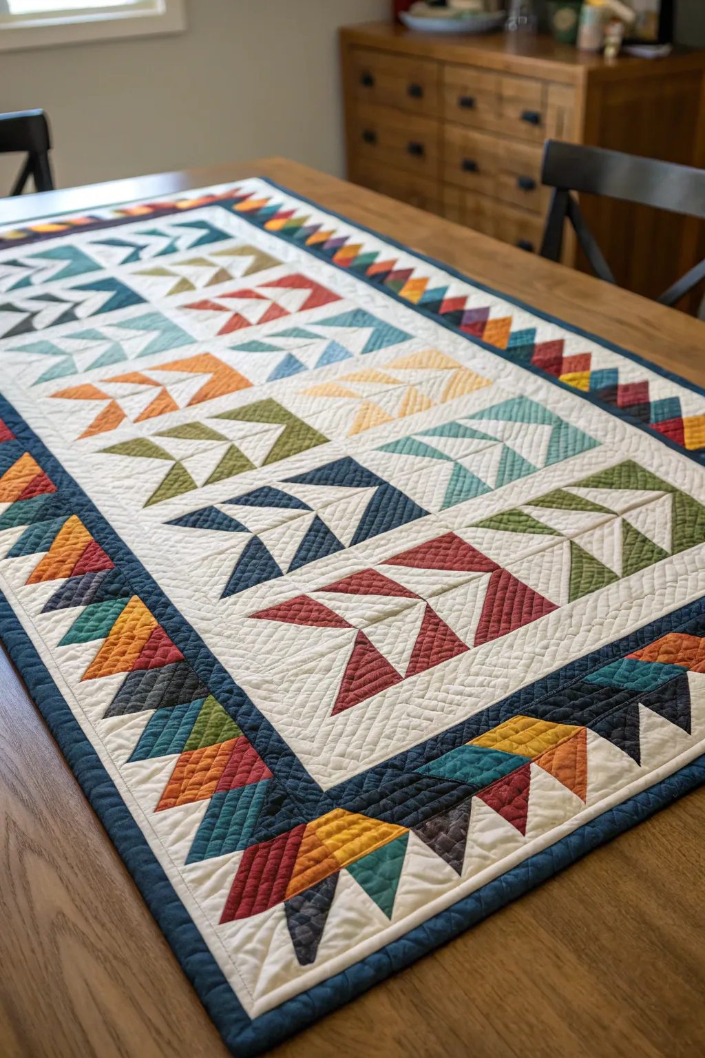 A modern take on flying geese borders with a geometric pattern.