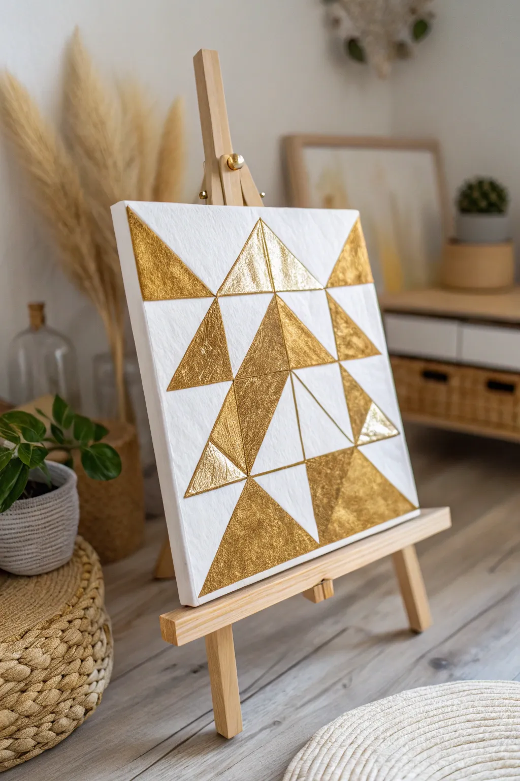 Elevate your decor with the sleek elegance of geometric foil art, where simplicity meets sophistication.
