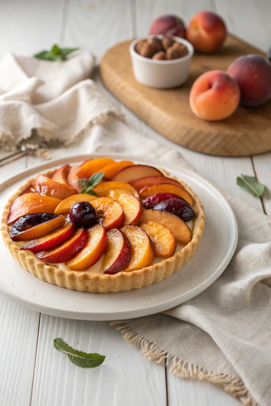 Indulge in the jewel-like allure of a stone fruit tart, where simplicity meets natural elegance.