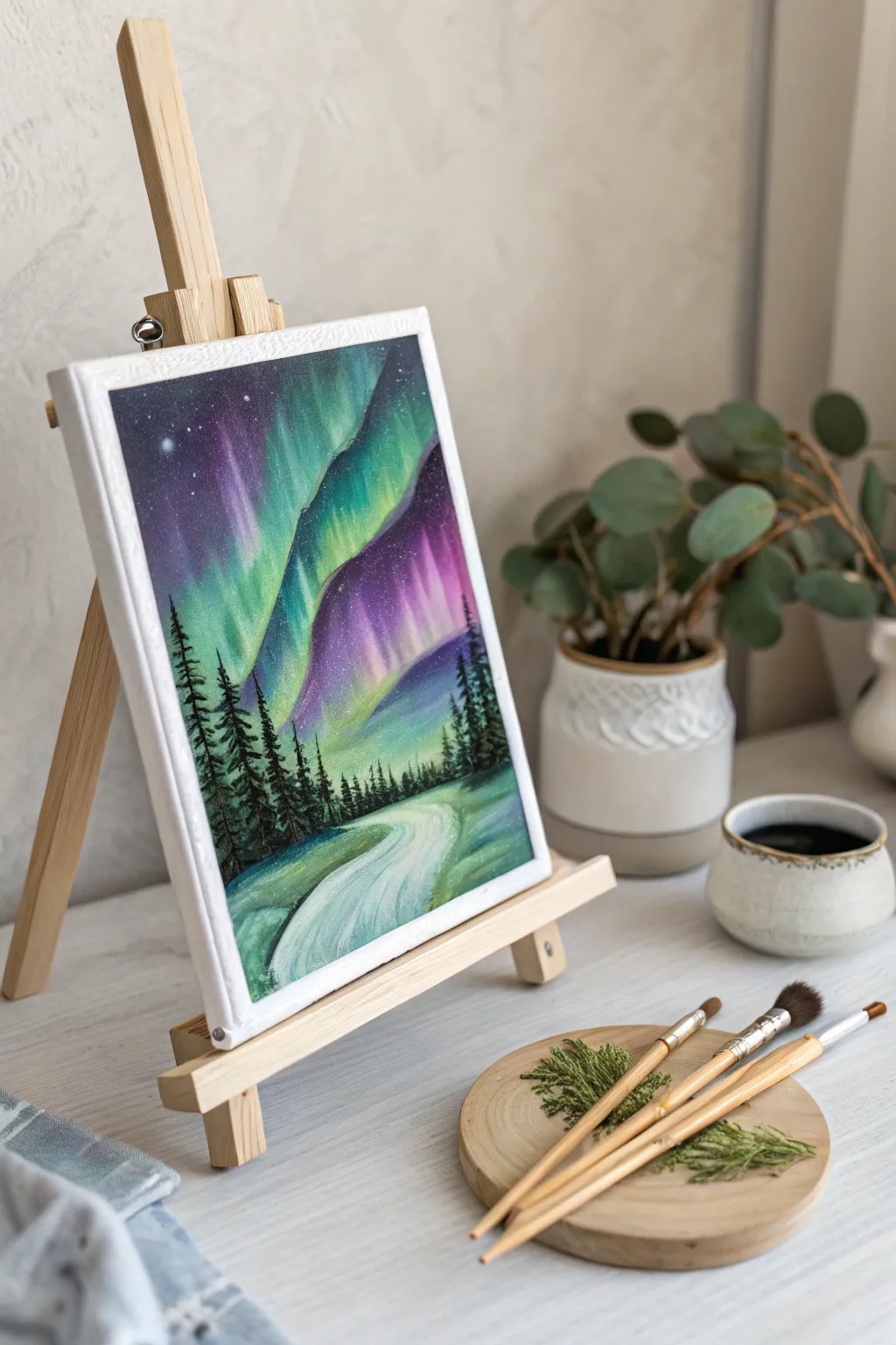 Capture the magic of the Northern Lights with simple, sweeping strokes in a minimalist setting.
