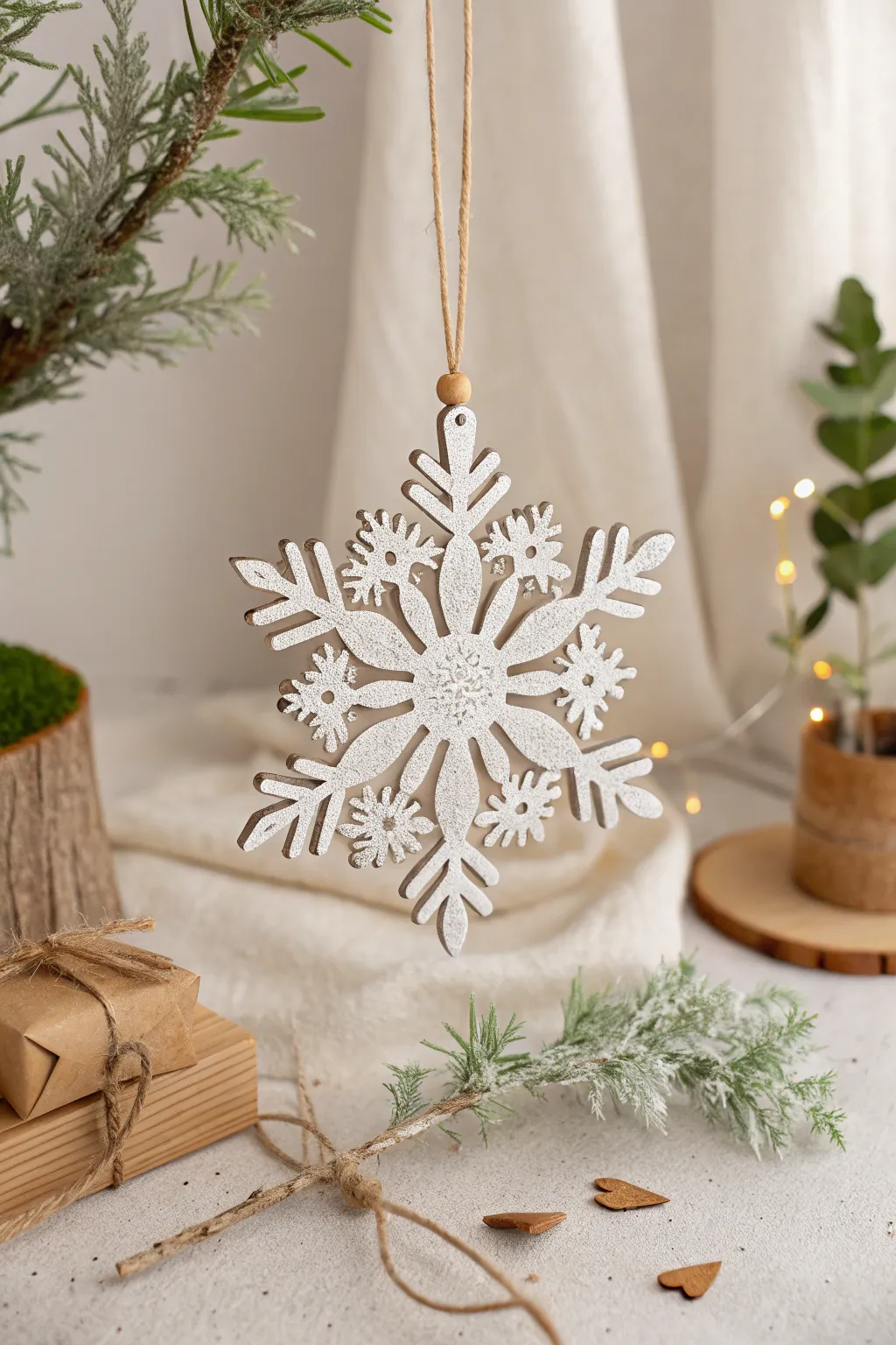 Embrace the season with handcrafted elegance: a snowflake ornament that blends sustainability with festive charm.