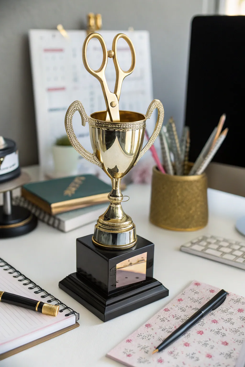 A witty scissors trophy for the talented snip enthusiast.