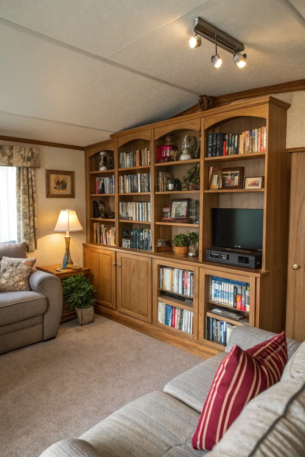 Stylish built-in shelves for added storage.