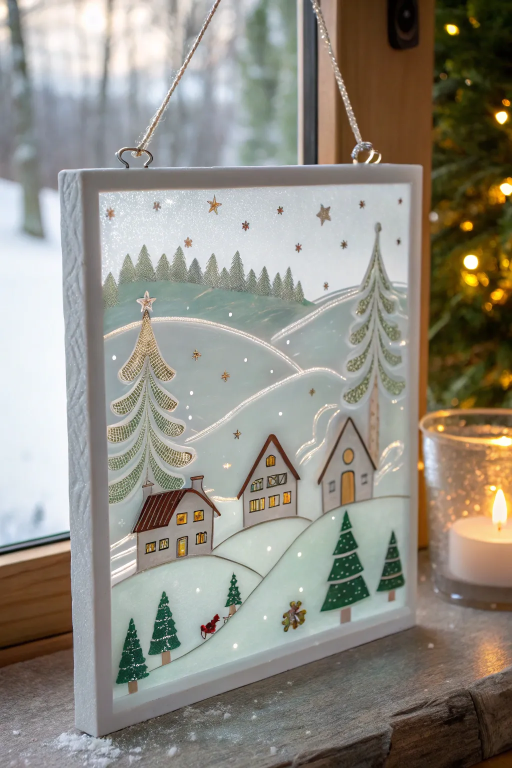 Bring a touch of storybook charm to your home with this enchanting winter wonderland fused glass panel.