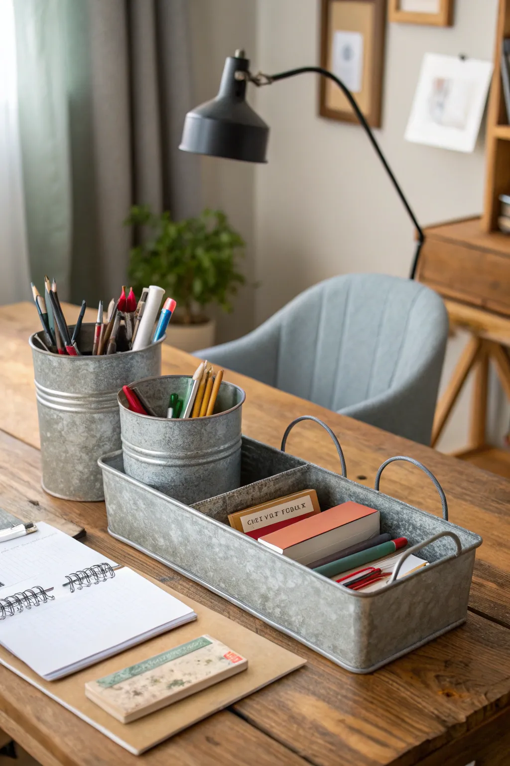 Stylish and practical storage using galvanized containers.
