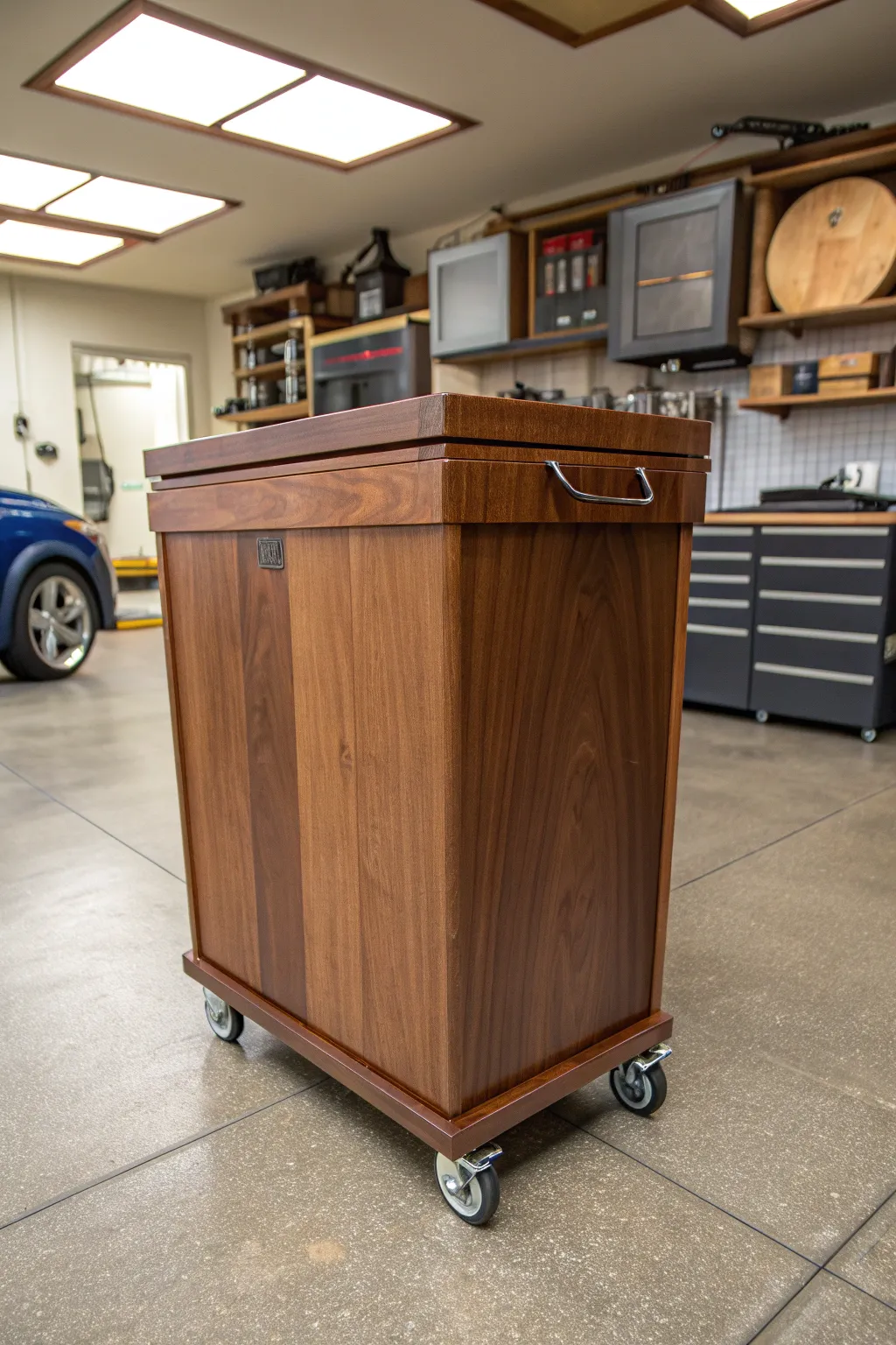 Elevate your garage organization with a custom-crafted rolling trash bin cart—where functionality meets style.