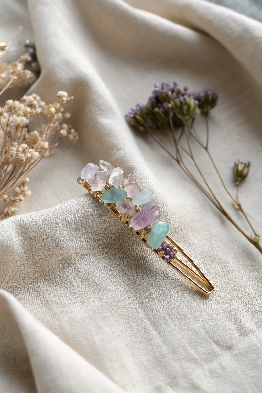 Add a touch of sparkle to your style with these whimsical gemstone chip hair clips.