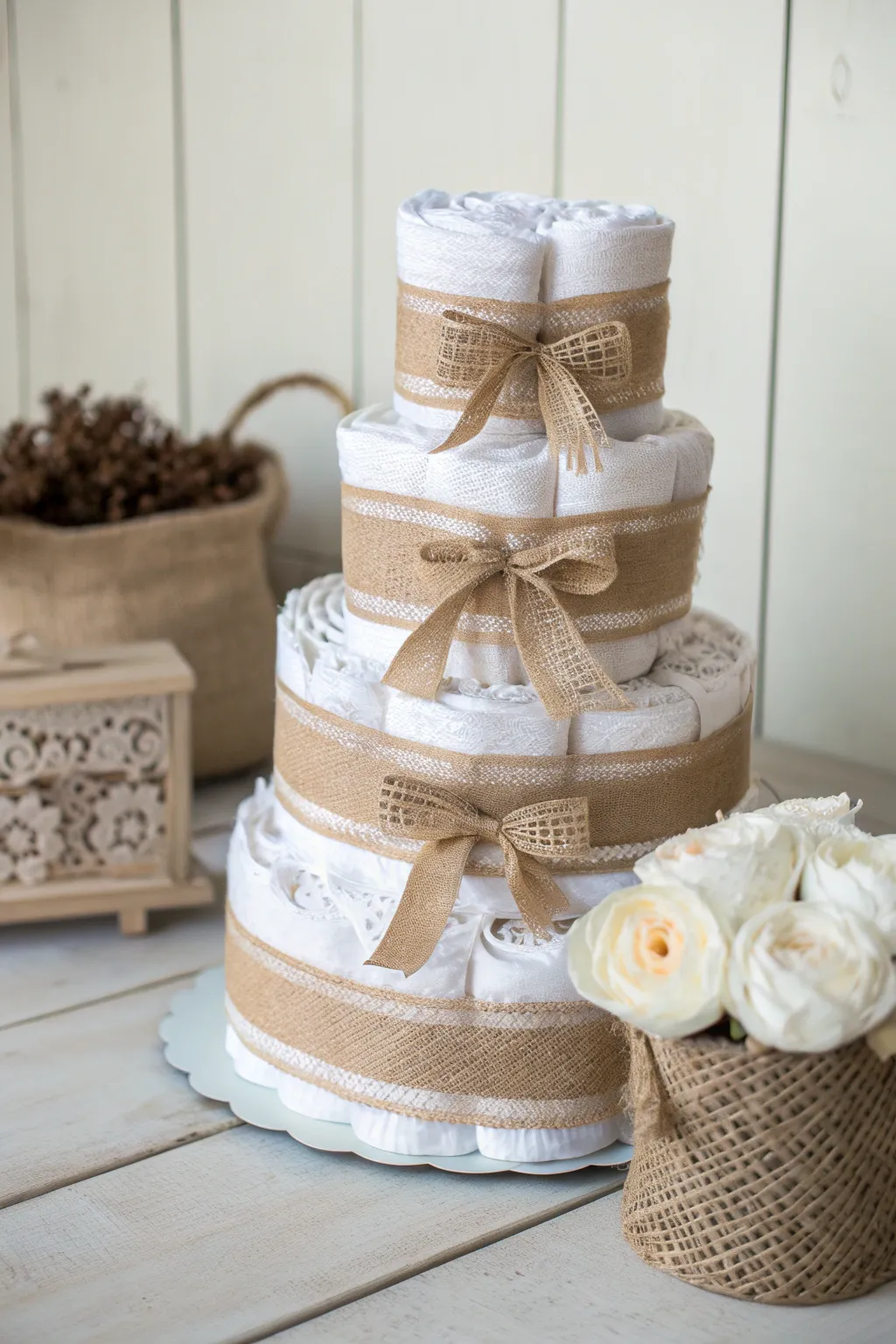 Embrace rustic elegance with this charming burlap diaper cake, perfect for any baby shower celebration.