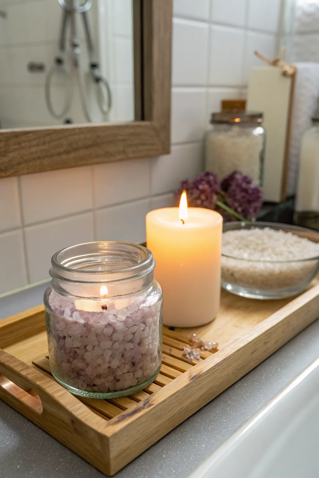 Scented bath salts complement the soothing ambiance of candles.