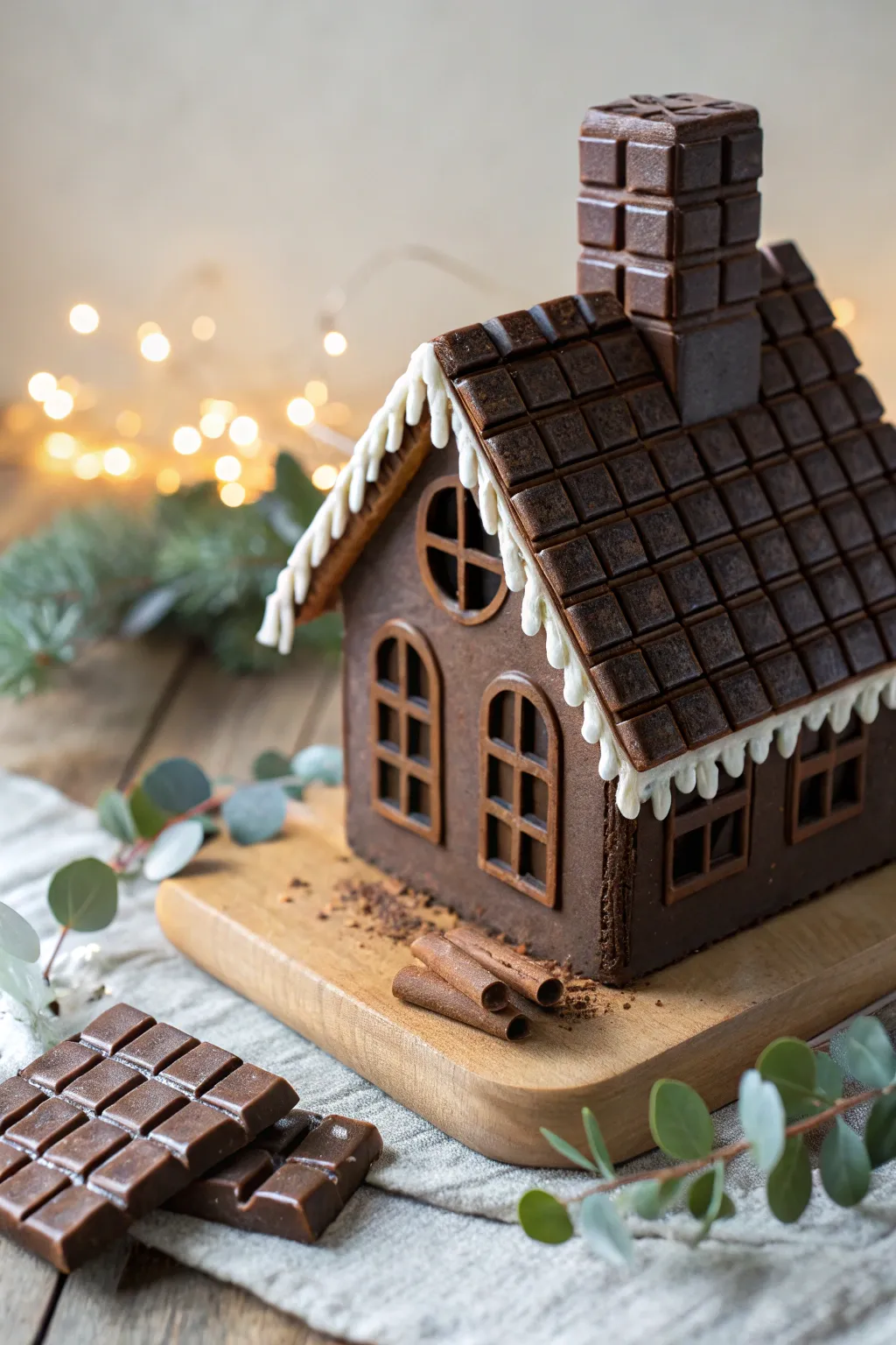 Elevate your gingerbread house with a charming chocolate block chimney, blending simplicity with a touch of boho elegance.