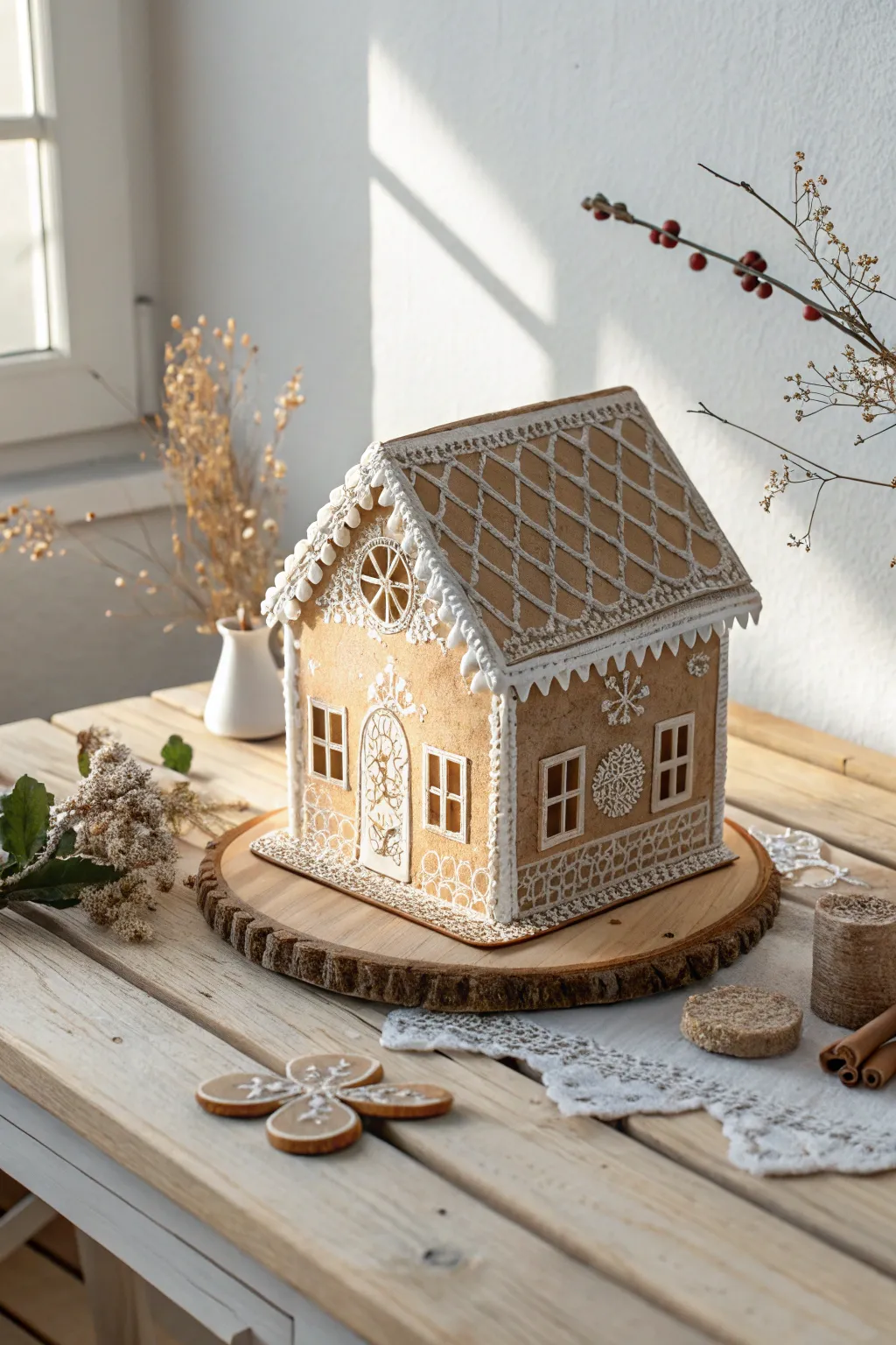 Eco-friendly elegance: Craft a stunning paper mâché gingerbread house with recycled paper for a holiday touch that’s both rustic and refined.