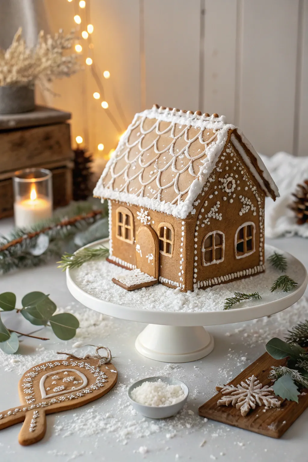 Step into a serene winter wonderland with a charming gingerbread village display. 🍪✨
