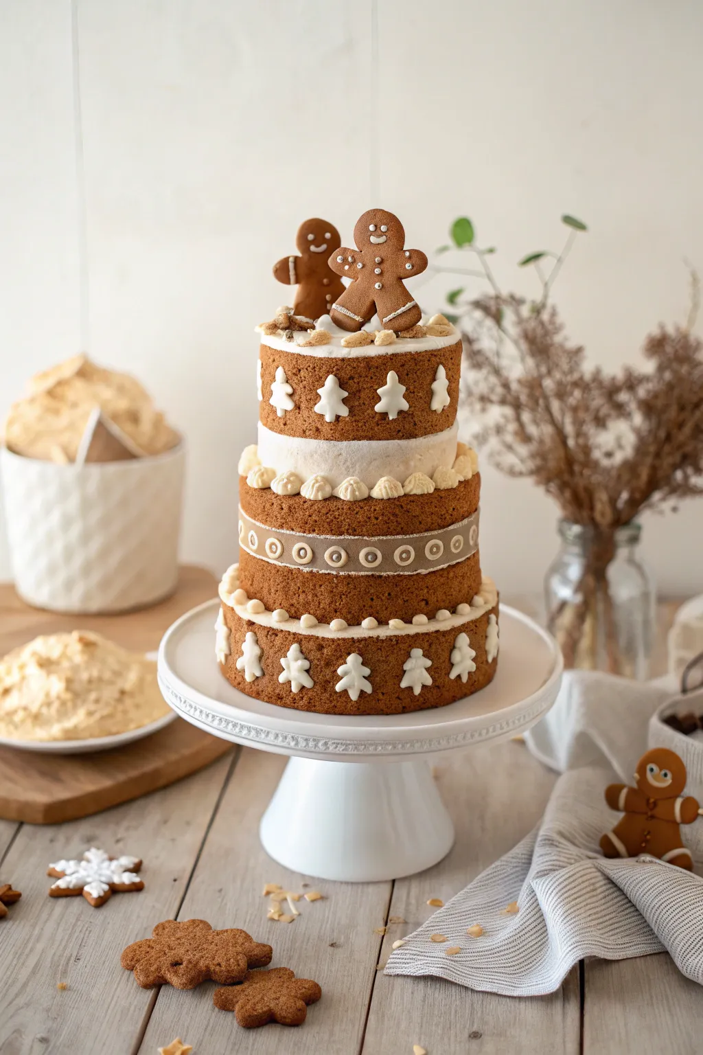 Elevate your holiday table with this stunning layered gingerbread cake, a perfect blend of minimalist elegance and festive charm.