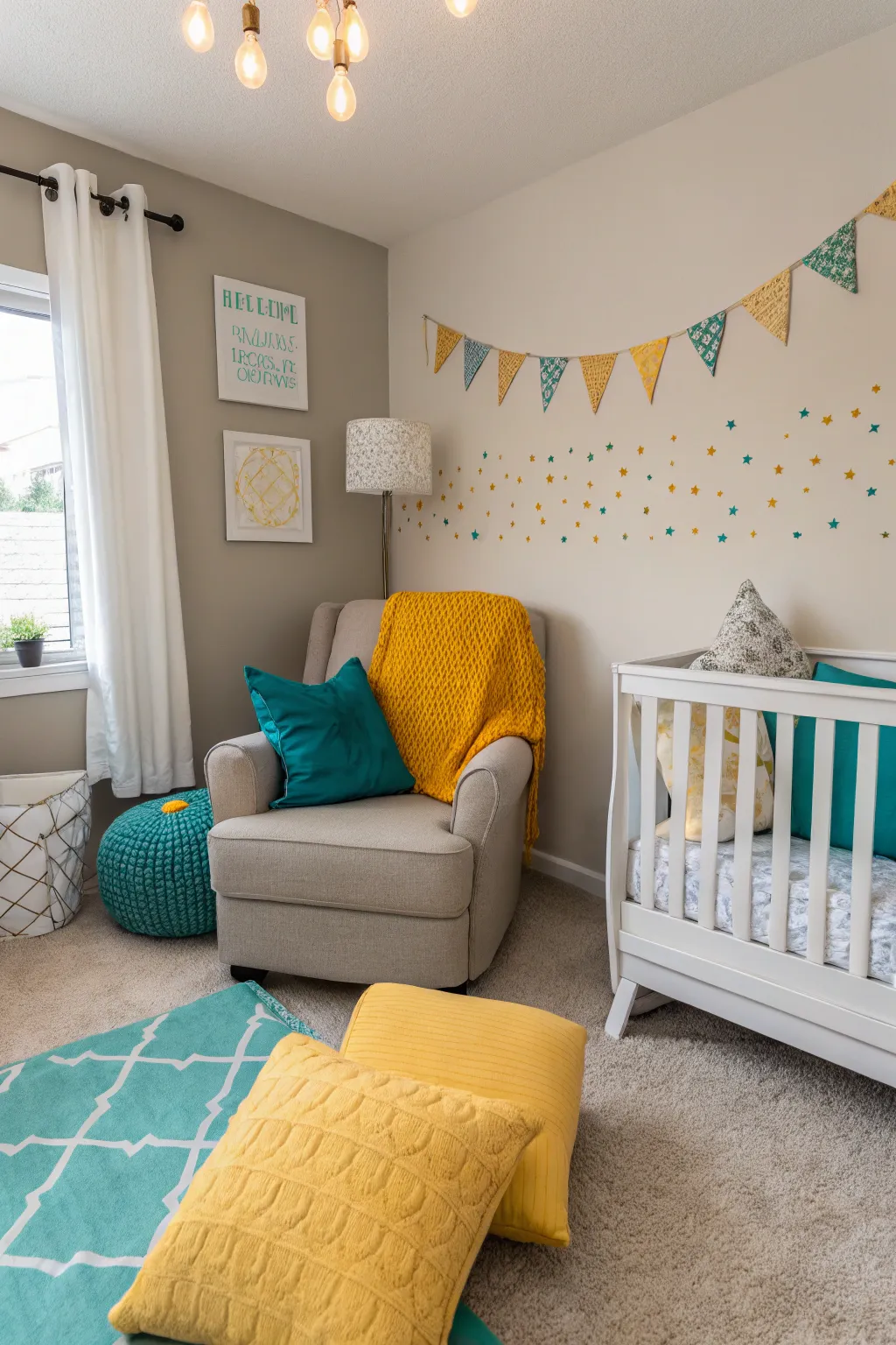 Vibrant accents bring life to this neutral nursery.