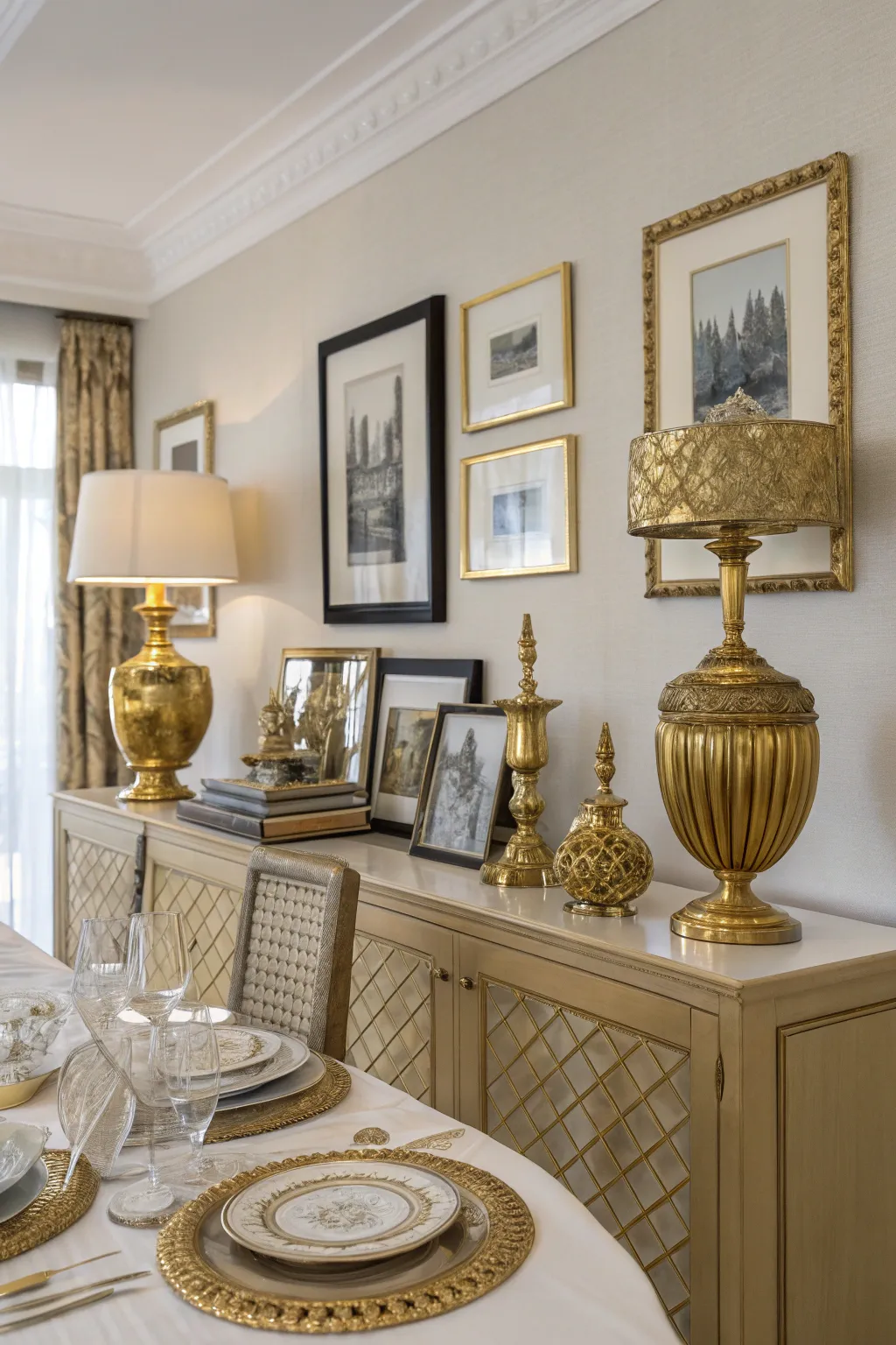 Gold accents add a layer of sophistication to the dining room.