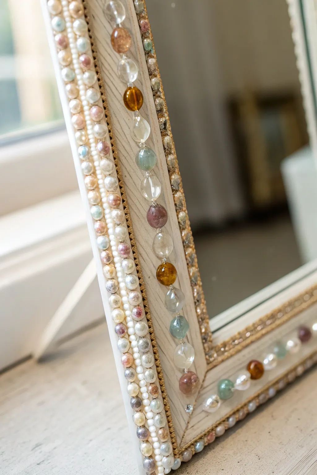 Transform your space with a touch of elegance: a mirror frame beautifully adorned with artisanal glass beads.