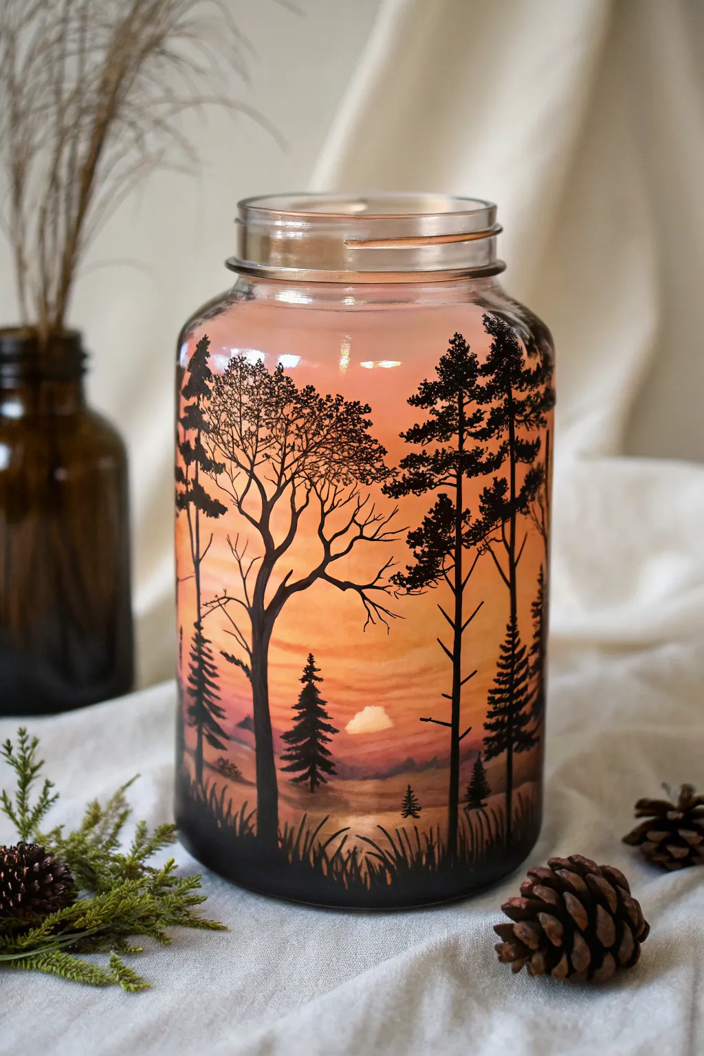 Transform your space with a touch of elegance: a sunset forest scene painted on a glass jar.