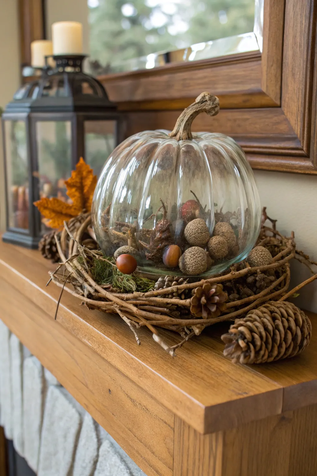Natural elements add rustic charm to glass pumpkins.