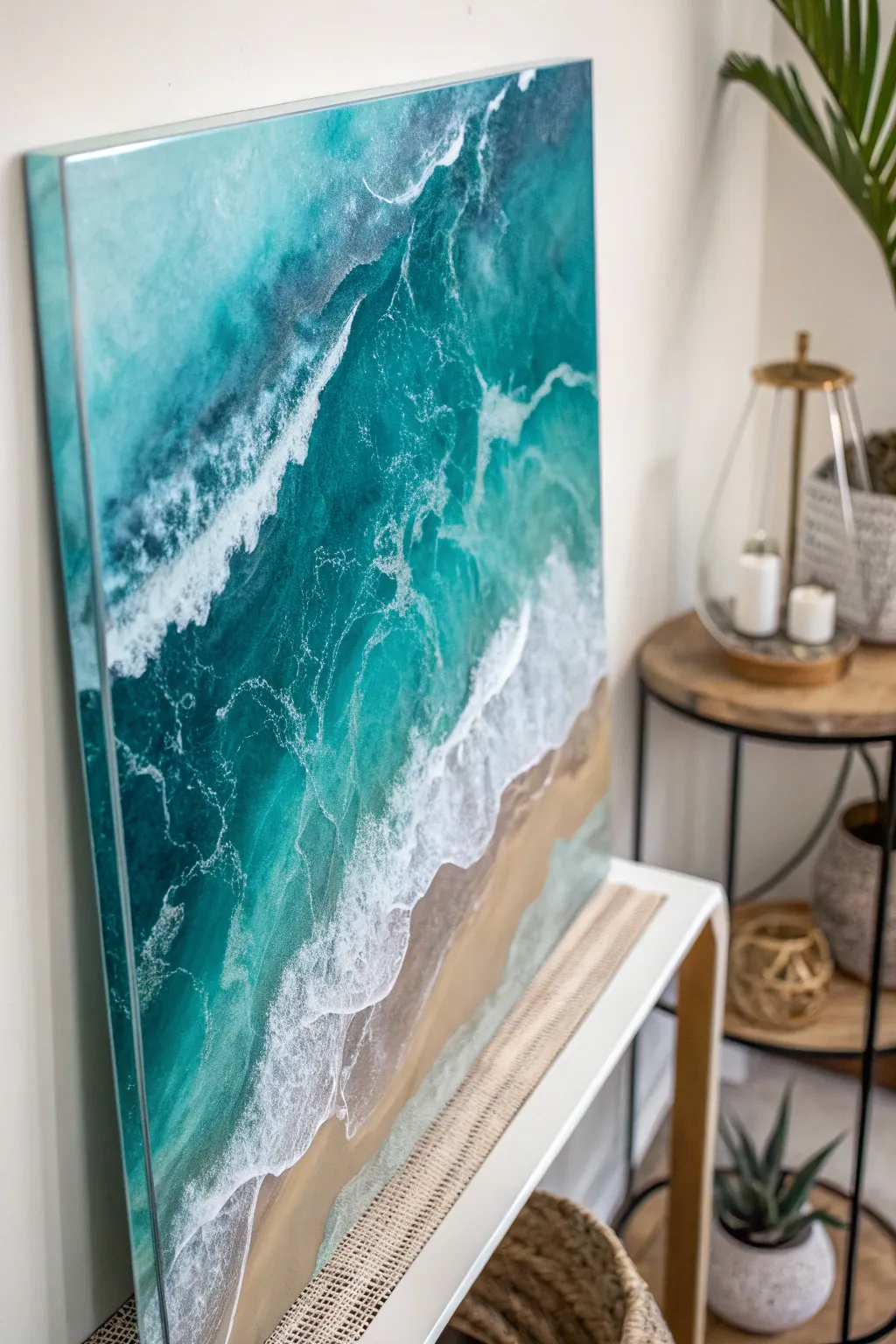 Dive into serenity with this exquisite turquoise resin art piece, a perfect blend of minimalist elegance and bohemian charm.