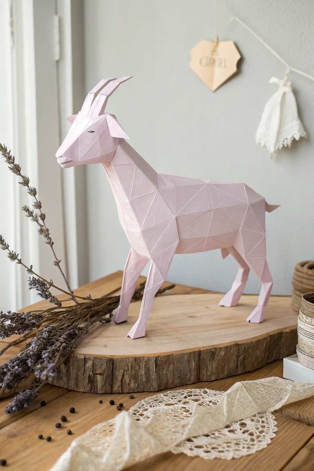 Delight in the simplicity of handcrafted elegance with this charming paper goat, perfect for adding a touch of whimsy to your creative space.