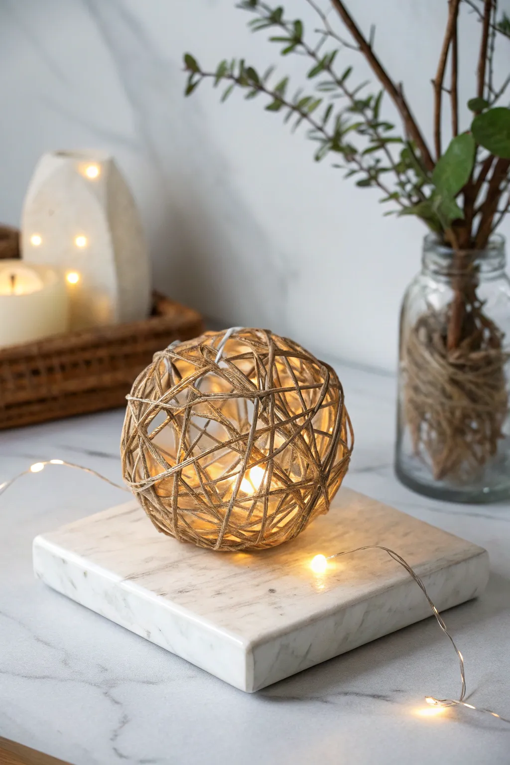 Illuminate your gatherings with the enchanting glow of a grapevine orb wrapped in fairy lights.