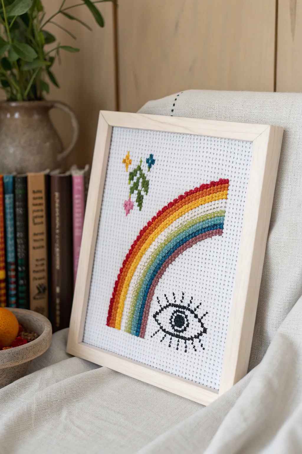 Discover the magic in simplicity with this Rainbow-Eyed Fantasy pixel art, a perfect blend of minimalist elegance and vibrant imagination.